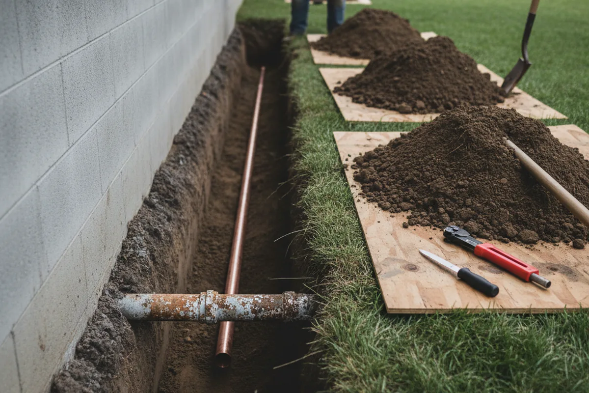 Excavated water line trench during Sewer Line Repair in Scipio